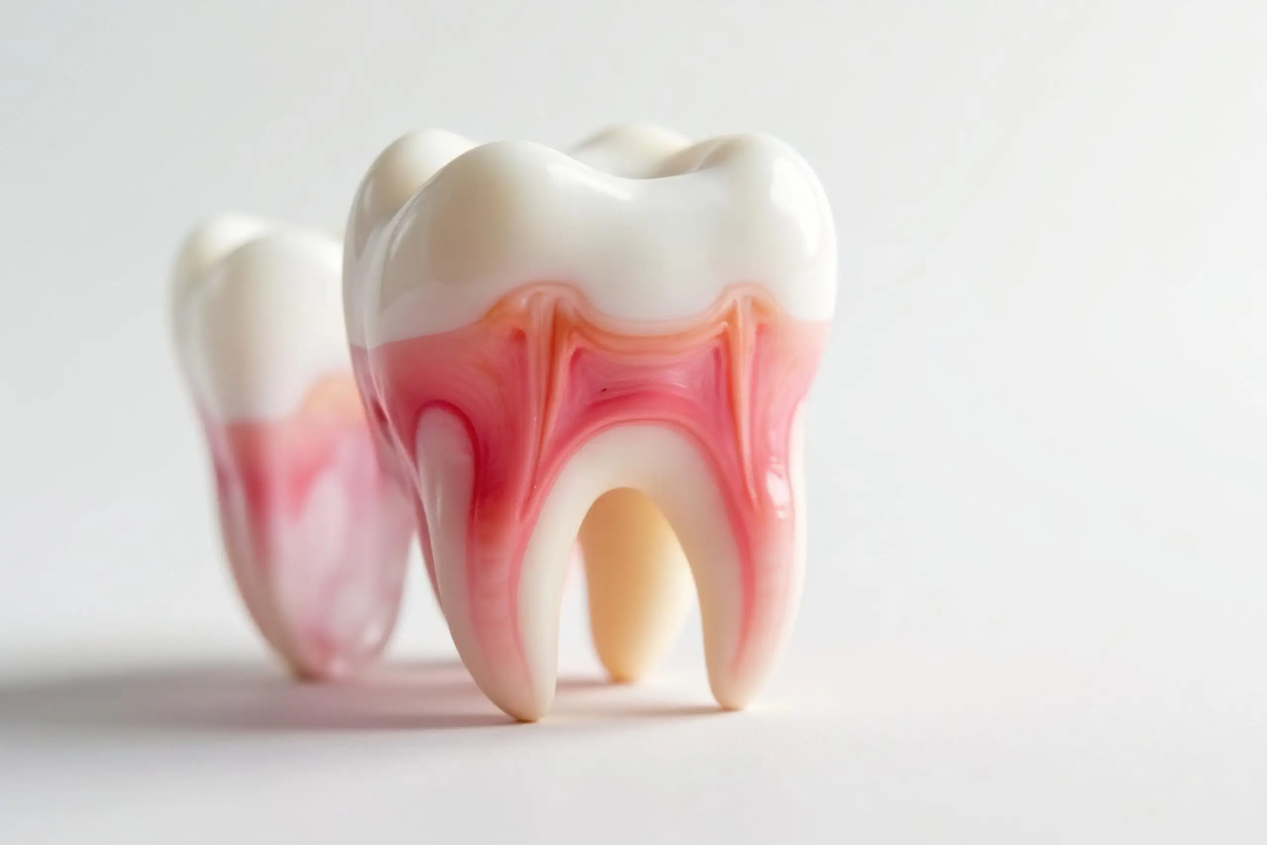 Model of a healthy tooth with visible internal structures like the pulp and roots against a white background.