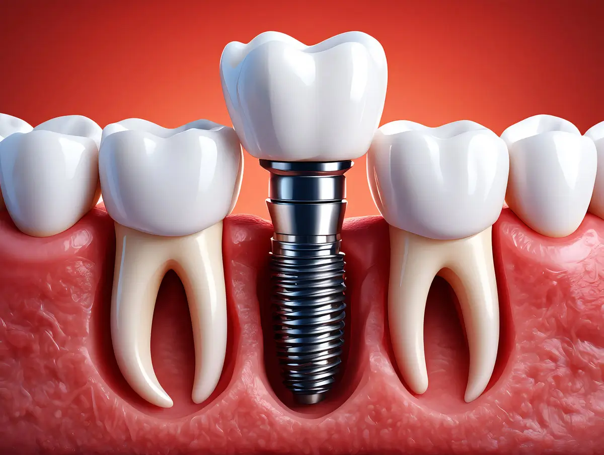 Close up view of a dental implant with a metallic screw and white crown, surrounded by healthy teeth with visible roots embedded in pink gums against a red background.