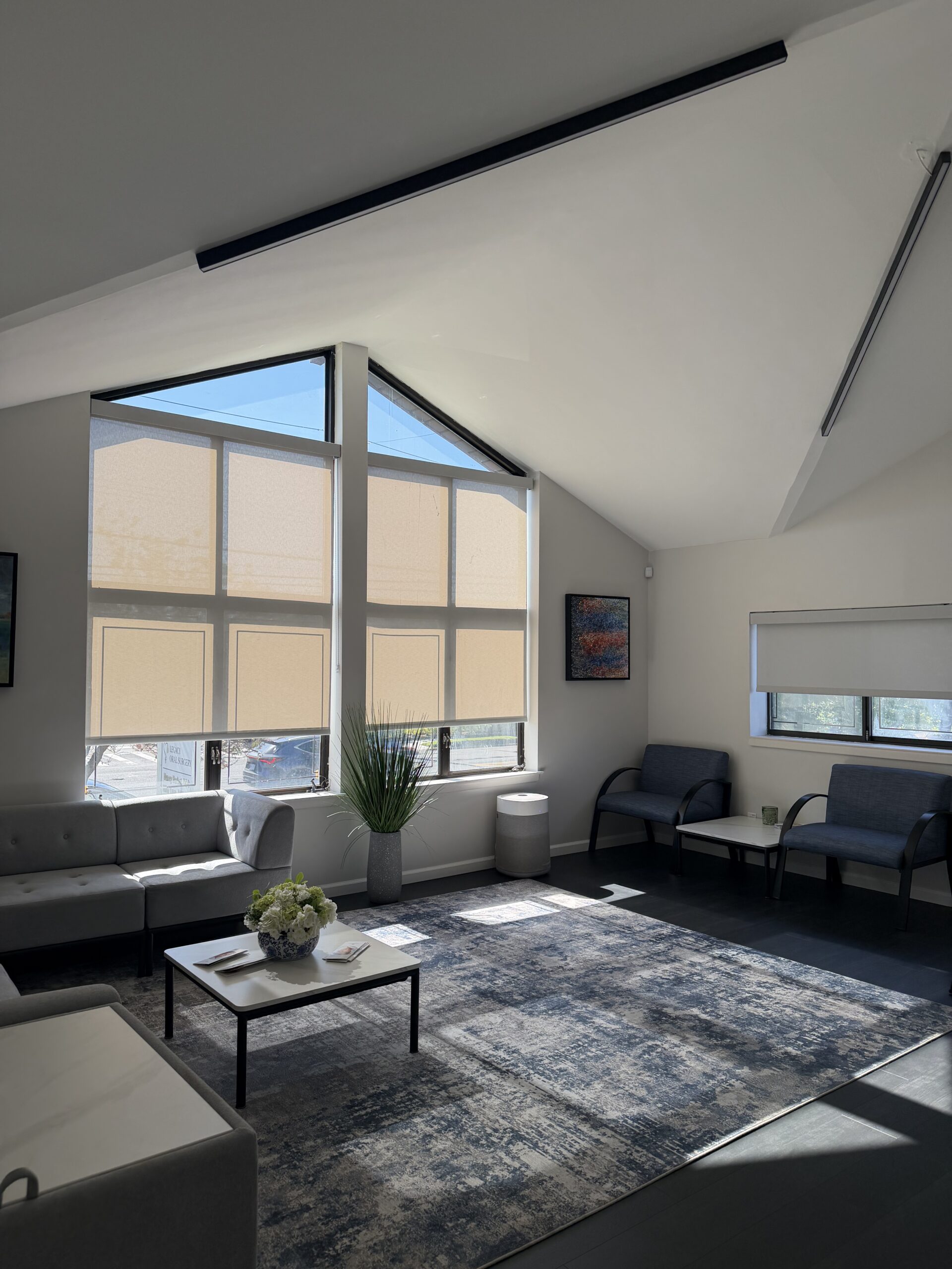 Modern oral surgery waiting area with large windows and contemporary furniture